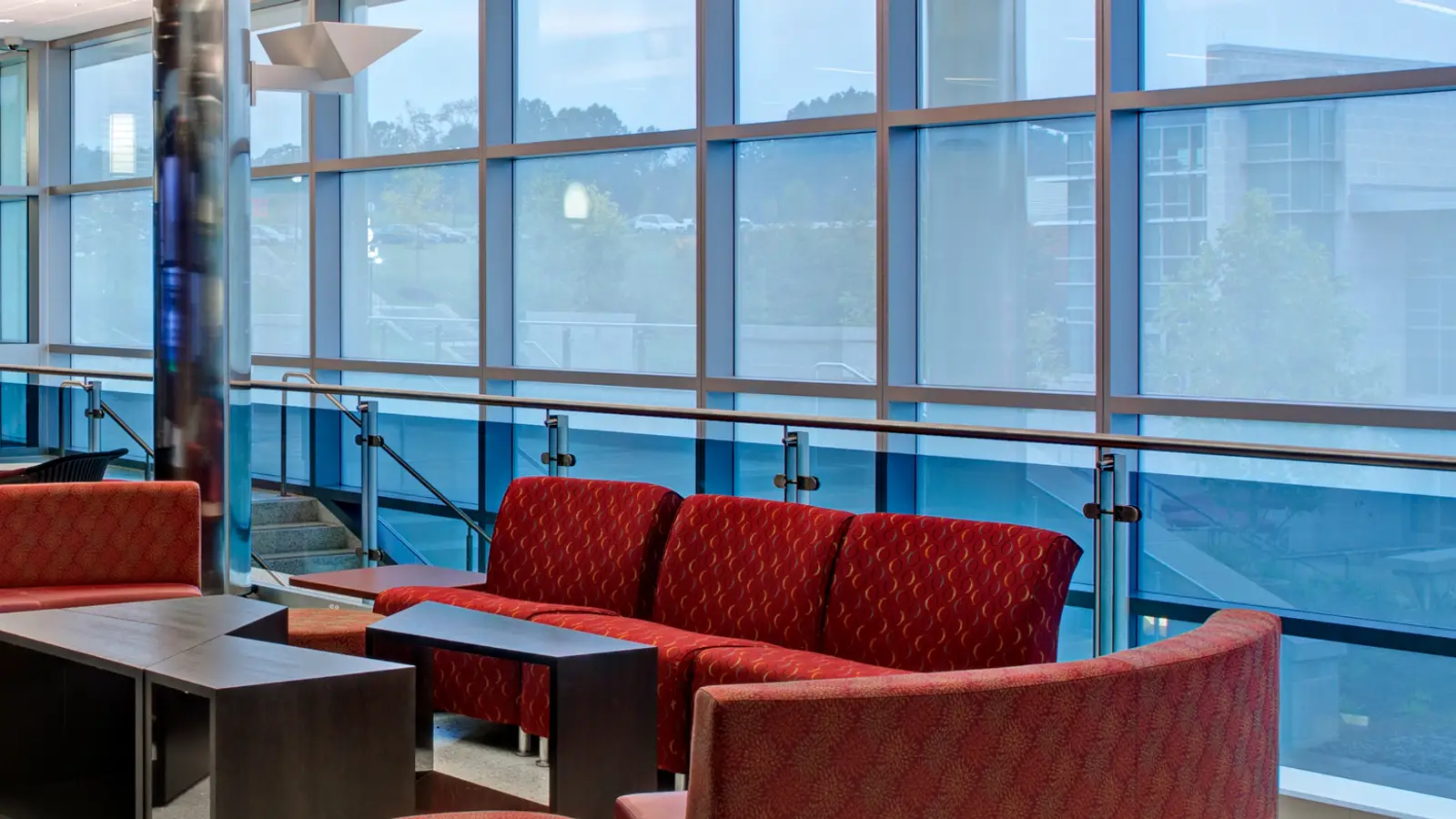 Office lobby with a wall of windows treated with commercial window film